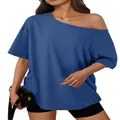 Women's blue loose slanted shoulder Y2K off-the-shoulder t-shirt for casual wear - XS / Tops / Blue