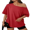Women's casual red off-the-shoulder short sleeve loose t-shirt for a chic Y2K summer look. - XS / Tops / Red