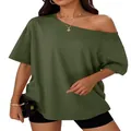 Stylish olive green off-the-shoulder loose fit t-shirt for women in trendy Y2K casual style - XS / Tops / Army Green