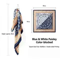 Elegant blue and white paisley square scarf, 90x90cm satin silk neckerchief for women. - 90x90cm / Blue + White