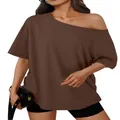 Trendy women's loose-fit brown off-the-shoulder t-shirt with Y2K aesthetic design - XS / Tops / Coffee