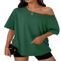 Stylish women's casual dark green loose-fit off-shoulder T-shirt in trendy Y2K fashion style - XS / Tops / Green