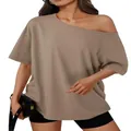 Casual khaki off-shoulder top for women with a loose Y2K aesthetic, variant view - XS / Tops / Khaki