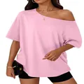 Trendy women's pink loose slanted shoulder T-shirt with Y2K design and oversized fit - XS / Tops / Pink