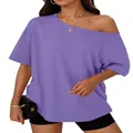 Casual loose-fitting purple off-the-shoulder T-shirt for women featuring a trendy Y2K style design - XS / Tops / Purple