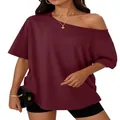 Stylish burgundy off-shoulder loose fit short sleeve T-shirt with Y2K design for women - XS / Tops / Burgundy