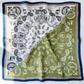 Retro vintage paisley silk square scarf featuring an olive green and white diagonal split design. - 70x70 / Green + White