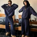 Navy blue oversized hoodie and wide-leg sweatpants two-piece tracksuit set for women - M / Top And Bottom / Dark Blue