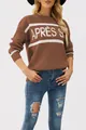 Maglione in maglia marrone a girocollo con scritta jacquard APRÈS S bianca e strisce - S / Tops / caffè
