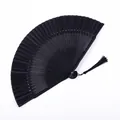 Elegante abanico plegable lacado en negro de estilo chino con borla decorativa seda - Tipo B Calado de Ventana Cara Negra