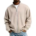 Men's full-zip mock neck ribbed sweatshirt in cream featuring high-quality knit texture - S / Tops / Khaki