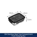 304 Roestvrijstalen lunchtrommel met twee compartimenten, afmetingen 19 x 14 x 7,2 cm - 850ml 2-Vaks Vershoudbak met Hoog Deksel / Roestvrij staal kleur (Zwart deksel)