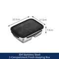 Hoogwaardige 304 roestvrijstalen lunchbox met 2 compartimenten en een zwarte afdichtingsdeksel - 1800ml 2-Vaks Vershoudbak met Plat Deksel / Roestvrij staal kleur (Zwart deksel)