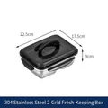 304 roestvrijstalen lunchbox met twee compartimenten en zwart deksel 22,5x17,5x9cm - 1800ml 2-Vaks Vershoudbak met Handvat / Roestvrij staal kleur (Zwart deksel)