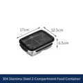 304 roestvrijstalen lunchbox met twee compartimenten en deksel vershouddoos 17x12,5x6,5cm - 550ml 2-Vaks Vershoudbak met Hoog Deksel / Roestvrij staal kleur (Zwart deksel)