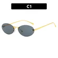 Trendy oval rimless sunglasses with gold temples and dark grey lenses for a chic look. - Oval Rimless Style (C1) / Solid Grey