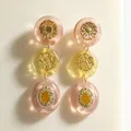 Vintage contrast color dangle earrings with pink and yellow resin and gold floral accents - Colorful Flower Round Earrings (2607158)