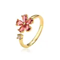 Elegante 18K vergulde open ring met een roze zirkoonbloem en een heldere steen - Verstelbaar Open / 18K Goud Bloem Ring (6244060138821) / Roze