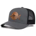 Adjustable gray and black mesh trucker hat featuring a leather fishing outdoors patch - Gray