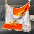 Elegant 70cm silk square scarf with vibrant orange and white ginkgo leaf patterns. - 70fj-381 Black / 70*70cm