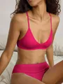 Bequemes, nahtloses, geripptes Bralette und hoch tailliertes Slip-Set in Pink für Damen - Knallpink / S