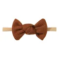 Soft solid brown waffle knit bow headband on a tan nylon elastic band for infants - Ginger Brown (5)