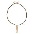 Elegant vintage stainless steel gold fish pendant necklace with brown natural stone beads. - Brown Faceted Bead Fish Pendant Style (XN274-D)