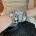 Fashion silver irregular metal open bracelet 4-piece set with white faux pearls - 16# Bangle - Silver - White - Pearl (7-piece Set)