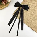 Pince à cheveux élégante en satin noir avec nœud géant et longs rubans pour coiffure féminine - Noir