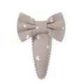 Handmade children's linen bow snap hair clip with white heart pattern in beige color - Khaki Heart Style (49) / Khaki Heart