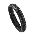 Bracelet en cuir tressé noir pour homme avec coutures blanches et fermoir métallique - Noir Avec Fermoir Noir