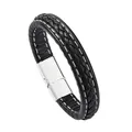 Bracelet en cuir tressé noir pour homme avec fermoir en métal argenté poli élégant - Boucle Noire Brillante