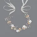 Handmade forest style bridal vine headband with white flowers, gold leaves and pearls. - 33.5cm x 5cm / Gold