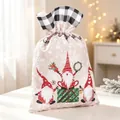 Festive Christmas burlap drawstring gift bag with cute gnome print and plaid top. - Black and White Plaid / Large