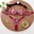 Red French lace lingerie set with deep V gathering bra and thong for women. - Burgundy