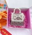 Sparkly purple glitter mini handbag for girls with pearl handle and bow in a pink box - Artificial Pearl Bow Dark Purple