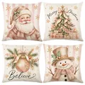Set of 4 pink and gold Christmas pillow covers with Santa and snowman designs - 45x45 Square (No Insert) / Pale Pink and Gold Elegant Christmas Series (JYM776 Series)