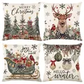 Set of 4 festive Christmas pillowcases featuring reindeer, trees, and winter patterns - 45x45 Square (No Insert) / Retro Red and Green Hand-painted Tree Series (JYM777 Series)