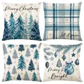 Set of 4 elegant blue watercolor Christmas throw pillow covers with tree designs - 45x45 Square (No Insert) / Cool Toned Winter Pine Series (JYM779 Series)