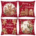 Set of 4 Christmas gingerbread man throw pillow covers with festive red background patterns. - 45x45 Square (No Insert) / Gingerbread Man and Christmas Train Series (JYM780 Series)