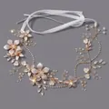 Forest style rose gold bridal hair vine with rhinestones, pearls and white ribbon. - Gold Floral Pearl Headband Hs-j6515g