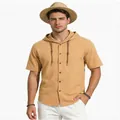 Chemise à manches courtes à capuche pour homme en lin jaune, coupe décontractée - Jaune Terre / S