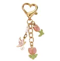 Elegante llavero con broche de corazón dorado, tulipanes rosas y dijes de mariposa - Cadena de Flores de Tulipán
