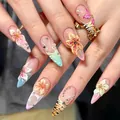Faux ongles amande 3D fleurs et rayures de tigre avec strass et perles de luxe - Style Fleur 3D Léopard Rose Transparent (M-B305) / 24 Pièces/Ensemble