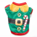 Detail view of green dog Christmas shirt with printed elf belt and candy cane pattern - Green Collar Christmas