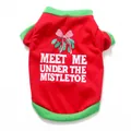 Detail of red Christmas dog T-shirt featuring mistletoe print and vibrant green trim - Red Christmas Flower Ball