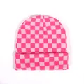 Pink and light pink checkered knit beanie featuring a stylish fold-over cuff design - One Size / Deep Pink