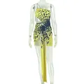 Close-up detail of yellow leopard print mini dress with asymmetrical hem and ruched waist - S / Tops / Yellow and Black