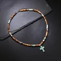 Bohemian style wooden bead necklace with green cross pendant and adjustable chain - Coconut Shell Cross