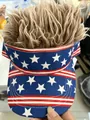 Fun US flag visor hat with blonde wig hair for outdoor parties and street style. - Adjustable / Small Stars - Brown Hair